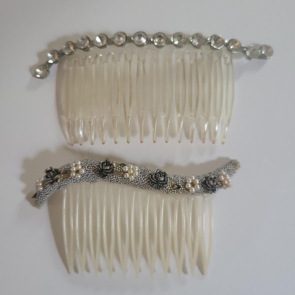 Vintage Floral Pearl & Rhinestone Hair Comb Set Made in USA Size  Coquette
